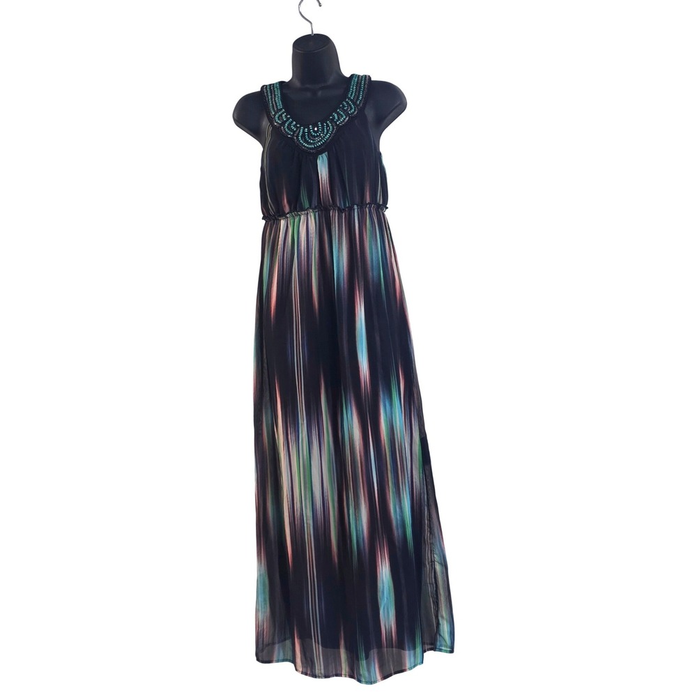 Cato Womens Sz 4 Multi Color Abstract Beaded Neckline Maxi Dress Sleeveless